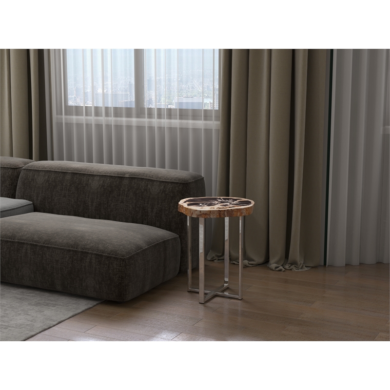 Urbia Relique Eliza End Table in Polished Stainless Steel Base Natural Dark Top