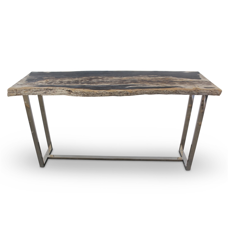 Urbia Relique Raw Console in Polished Stainless Steel Frame Natural Dark Top