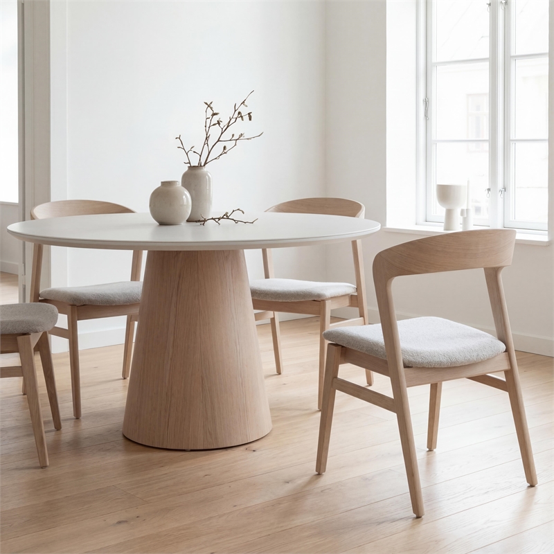 Urbia Modern Brazilian Mona Glass Top Round Dining Table in Off White/Nevoa