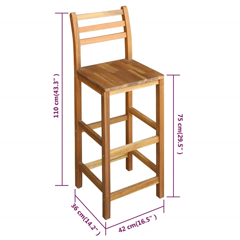 vidaXL Solid Acacia Wood Large Bar Chair Wood in Natural (Set of 2)