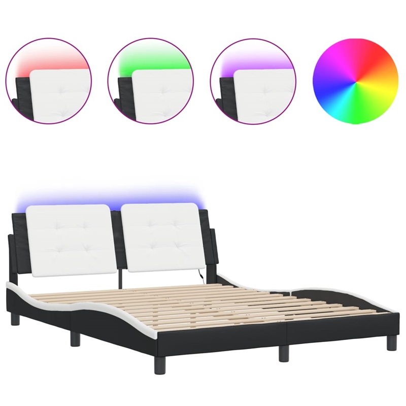vidaXL Engineered Wood Faux Leather Queen Bed Frame in Black and White