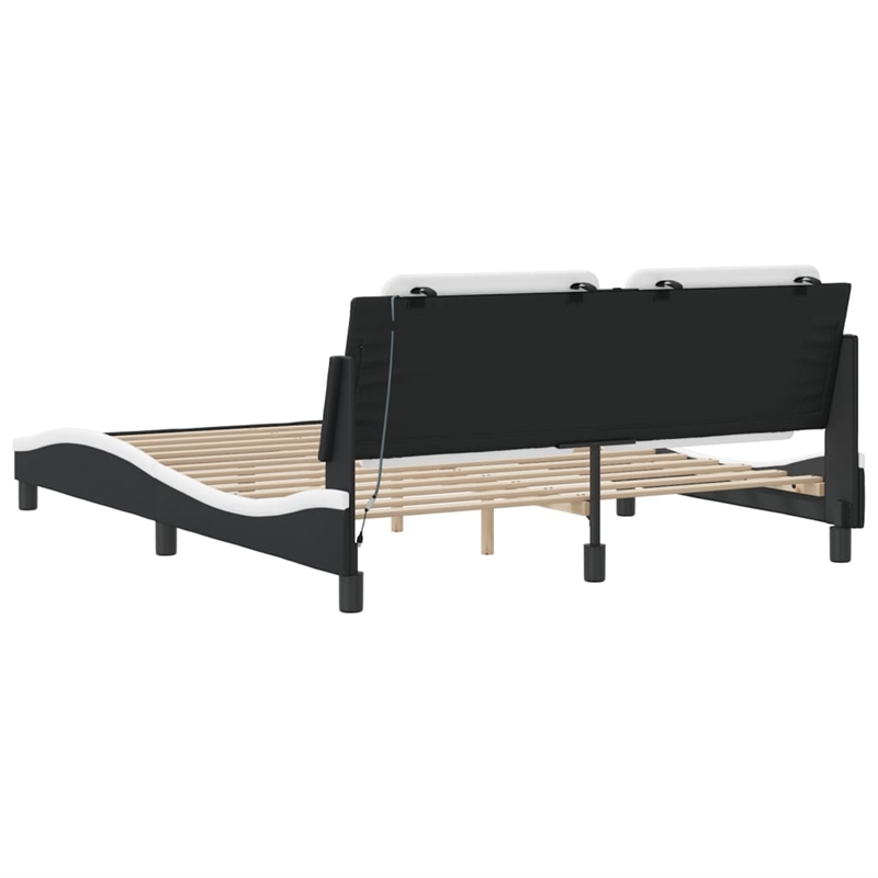vidaXL Engineered Wood Faux Leather Queen Bed Frame in Black and White