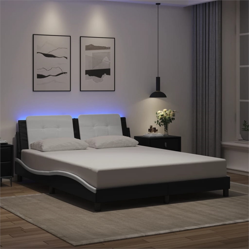 vidaXL Engineered Wood Faux Leather Queen Bed Frame in Black and White