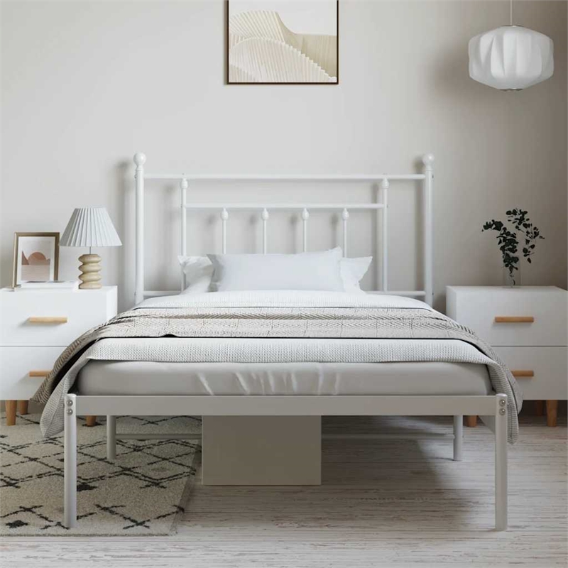vidaXL Powder-Coated Steel Single Bed Frame in White