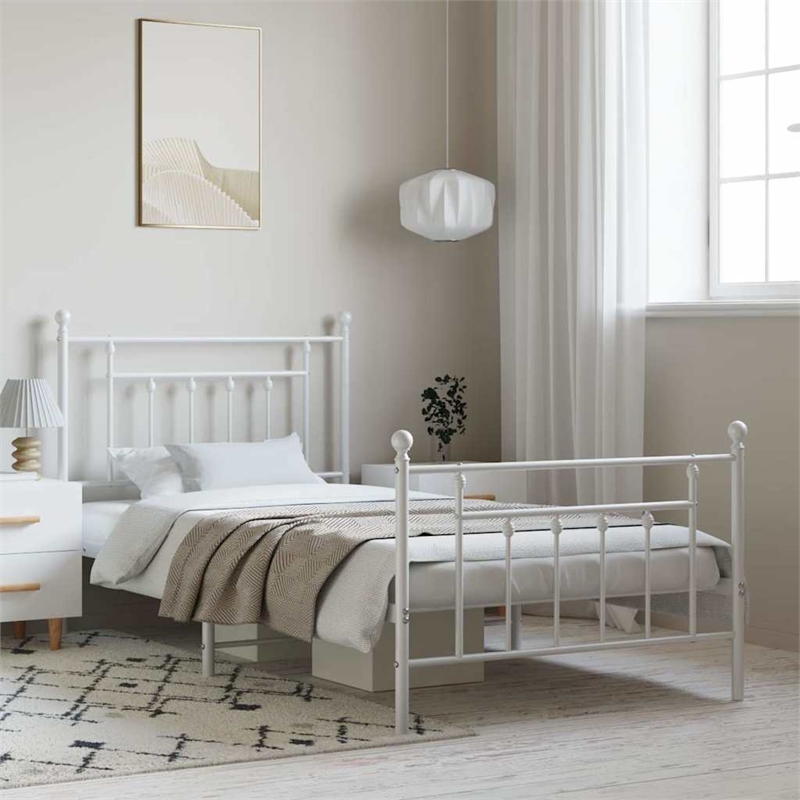 vidaXL Powder-Coated Steel Single Bed Frame in White
