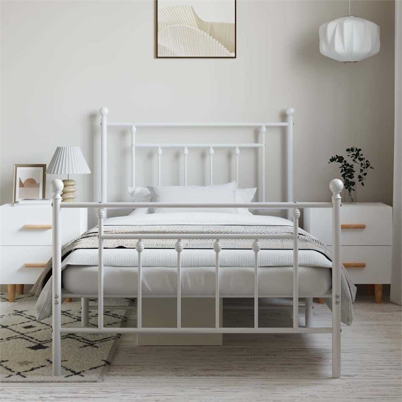 vidaXL Powder-Coated Steel Single Bed Frame in White