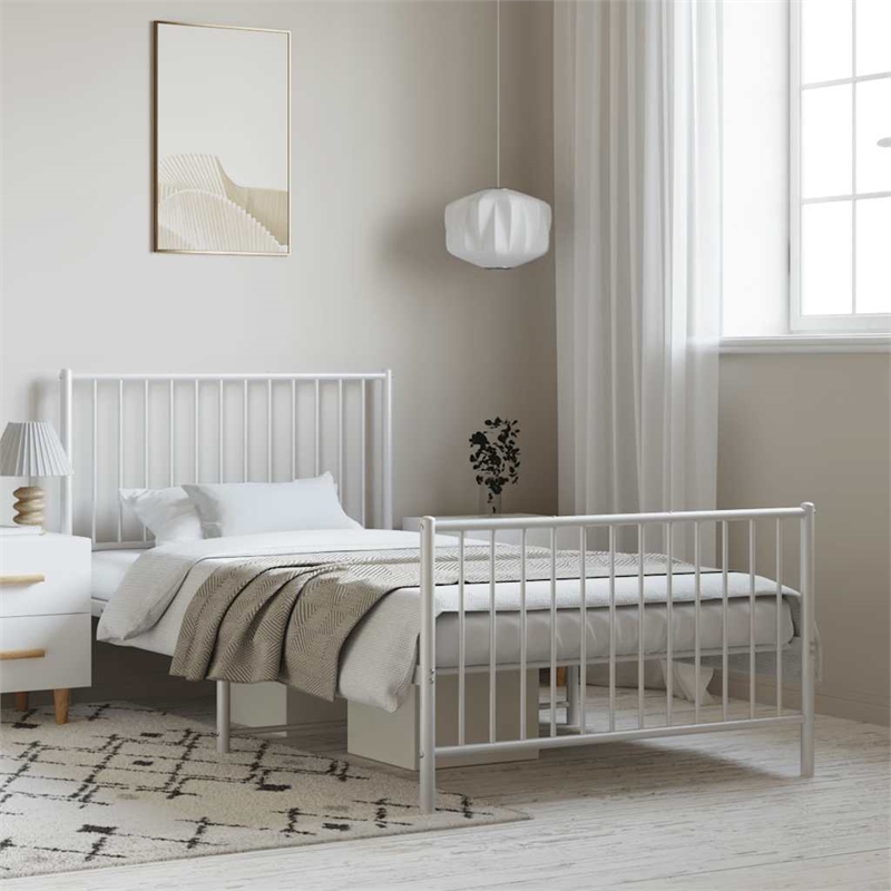 vidaXL Powder-Coated Steel Single Bed Frame in White