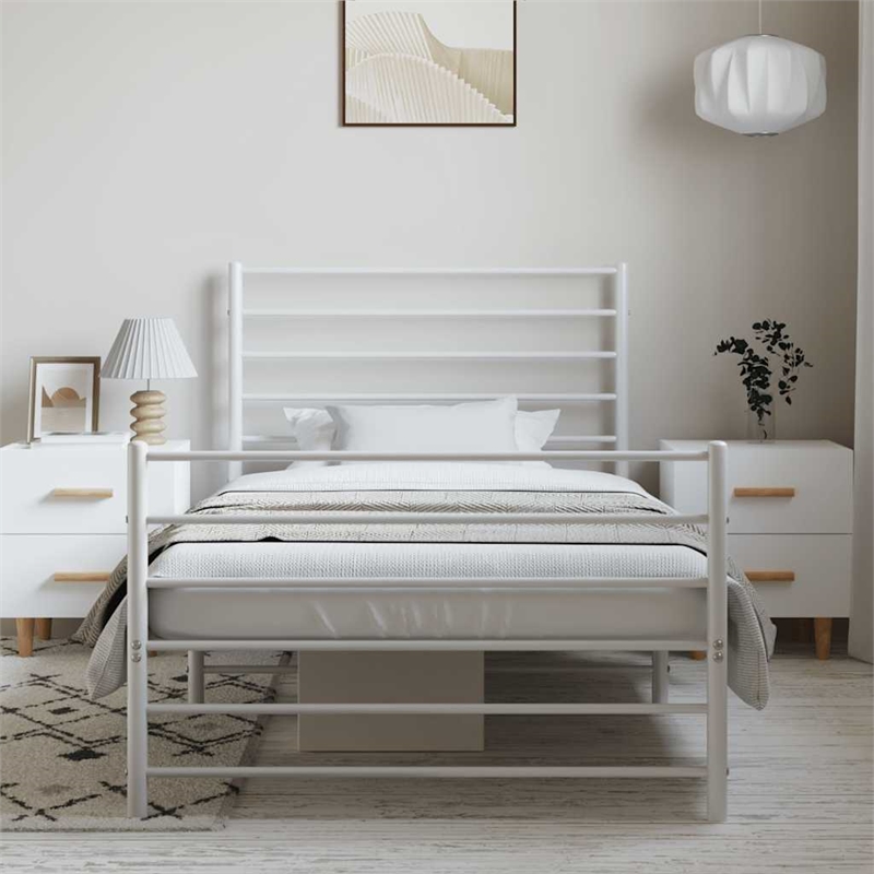 vidaXL Powder-Coated Steel Single Bed Frame in White
