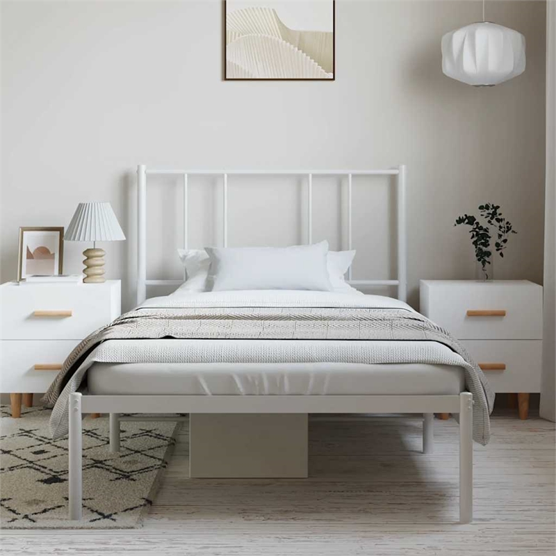 vidaXL Rectangular Powder-Coated Steel Twin Bed Frame in White