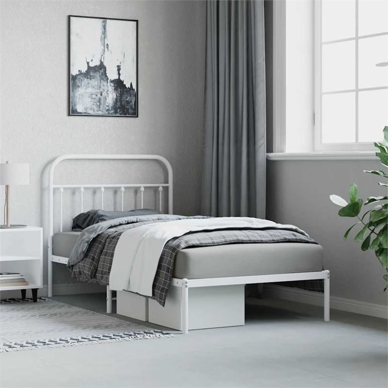 vidaXL Rectangular Powder-Coated Steel Twin Bed Frame in White