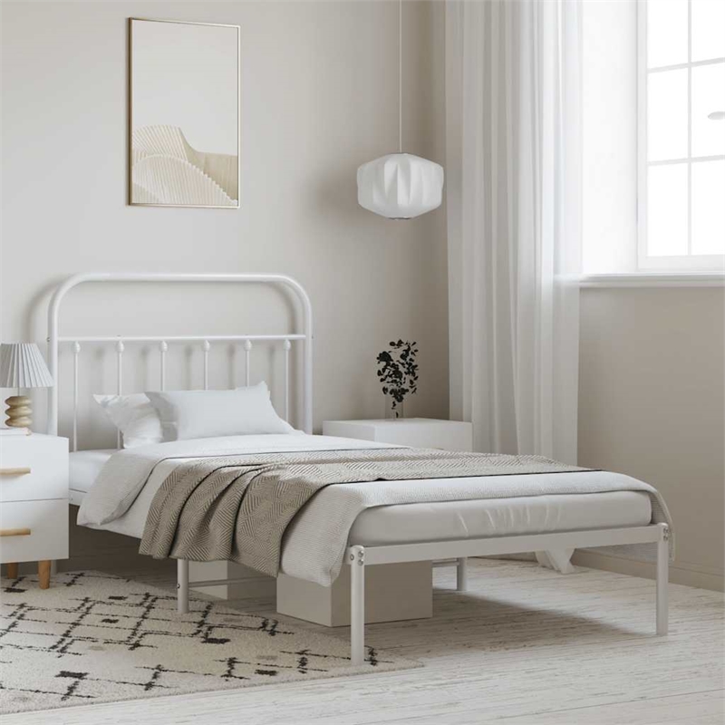 vidaXL Rectangular Powder-Coated Steel Twin Bed Frame in White