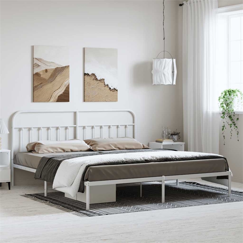 vidaXL 76 in x 80 Powder-Coated Steel Bed Frame in White
