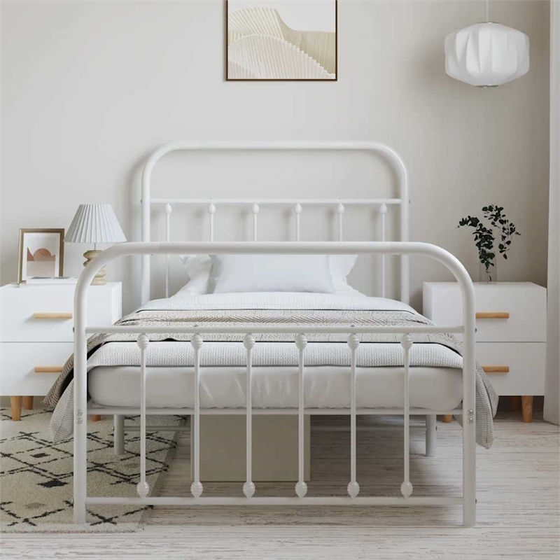 vidaXL Rectangular Powder-Coated Steel Twin Bed Frame in White
