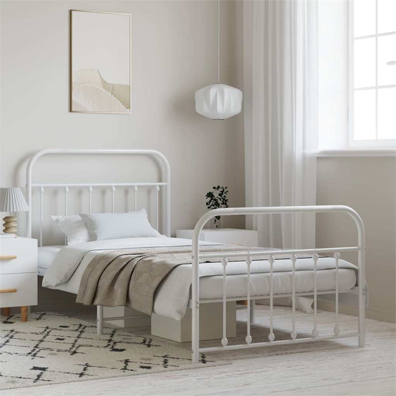 vidaXL Rectangular Powder-Coated Steel Twin Bed Frame in White