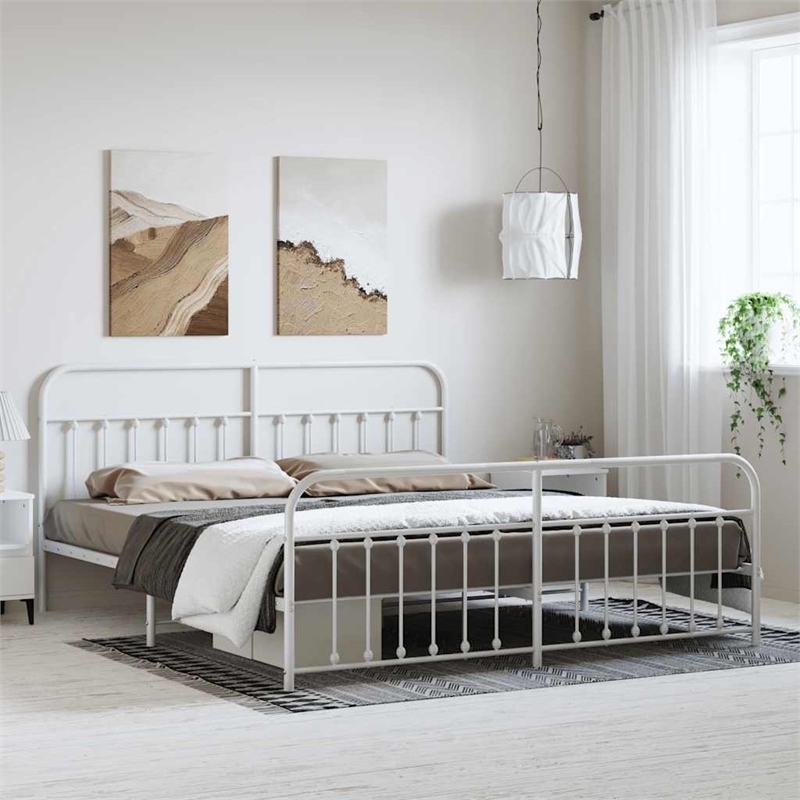 vidaXL Rectangular Powder-Coated Steel Full Bed Frame in White
