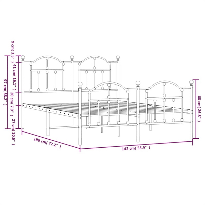 vidaXL Rectangular Powder-Coated Steel Full Bed Frame in Black