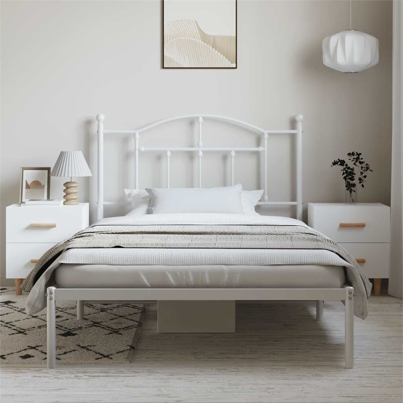 vidaXL Rectangular Powder-Coated Steel Twin Bed Frame in White