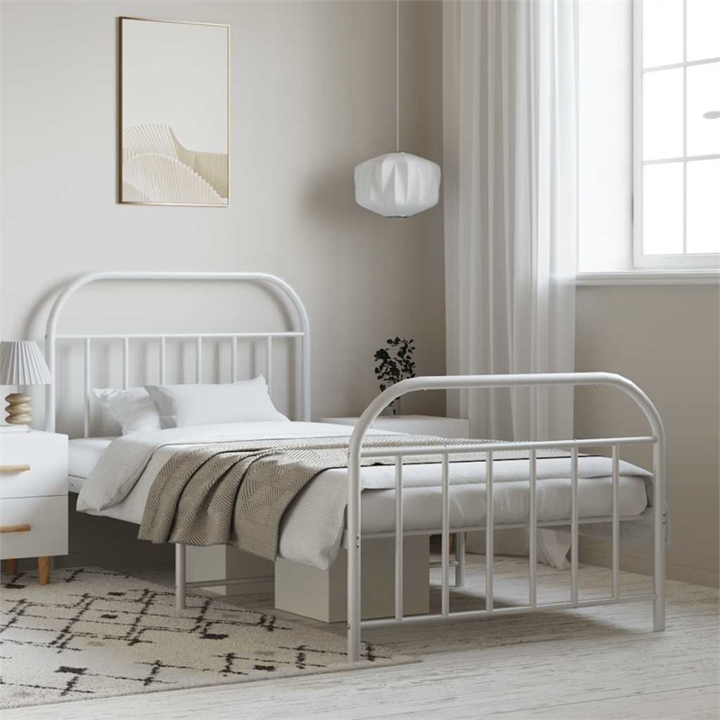 vidaXL Rectangular Powder-Coated Steel Twin Bed Frame in White