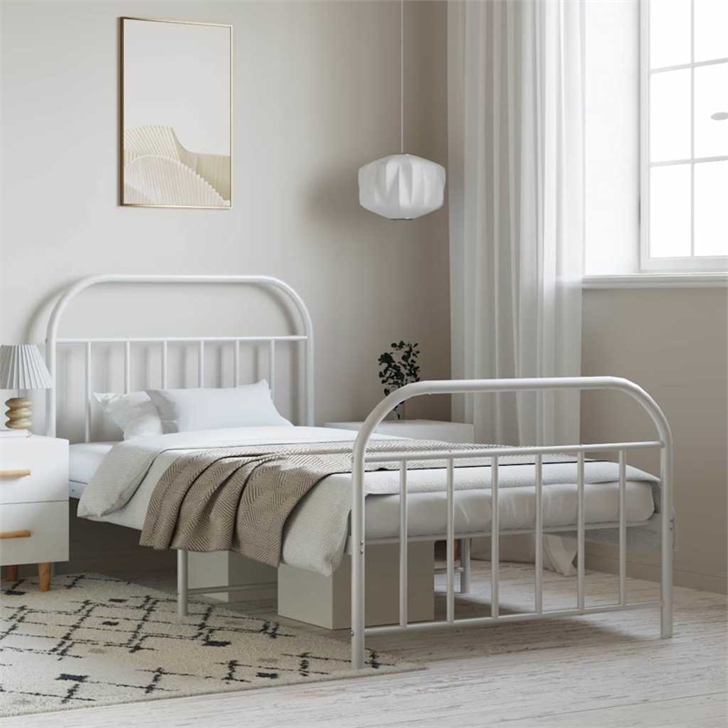 vidaXL Rectangular Powder-Coated Steel Single Bed Frame in White