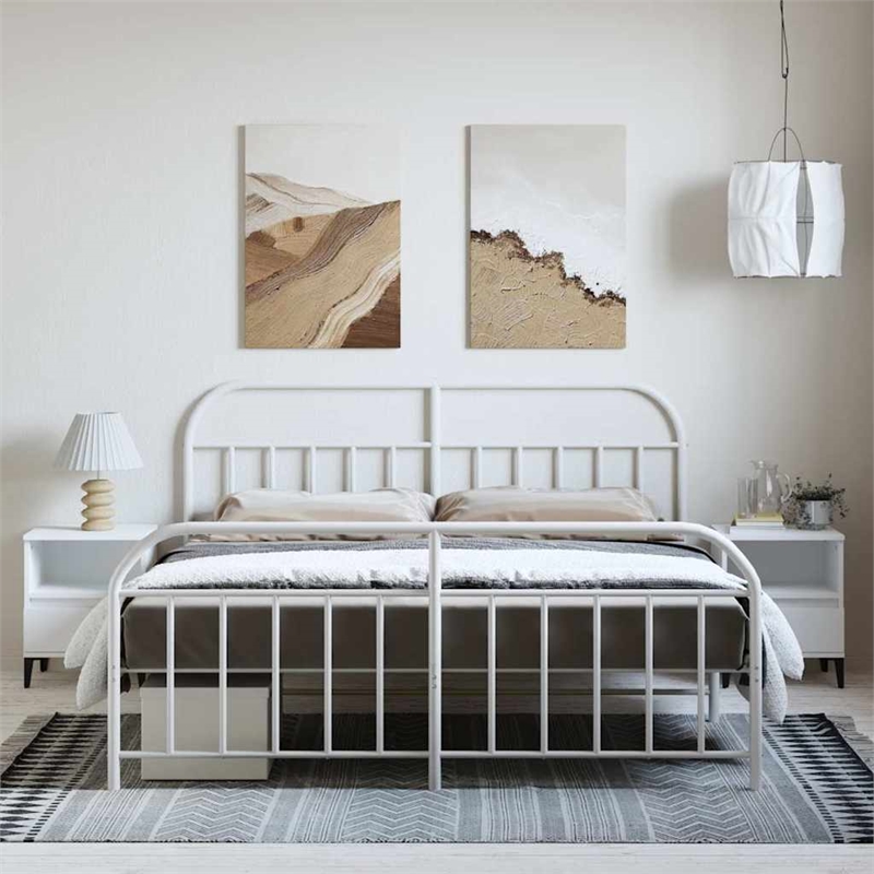 vidaXL Rectangular Powder-Coated Steel Full Bed Frame in White