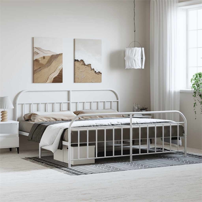 vidaXL Powder-Coated Steel King/Double Bed Frame in White