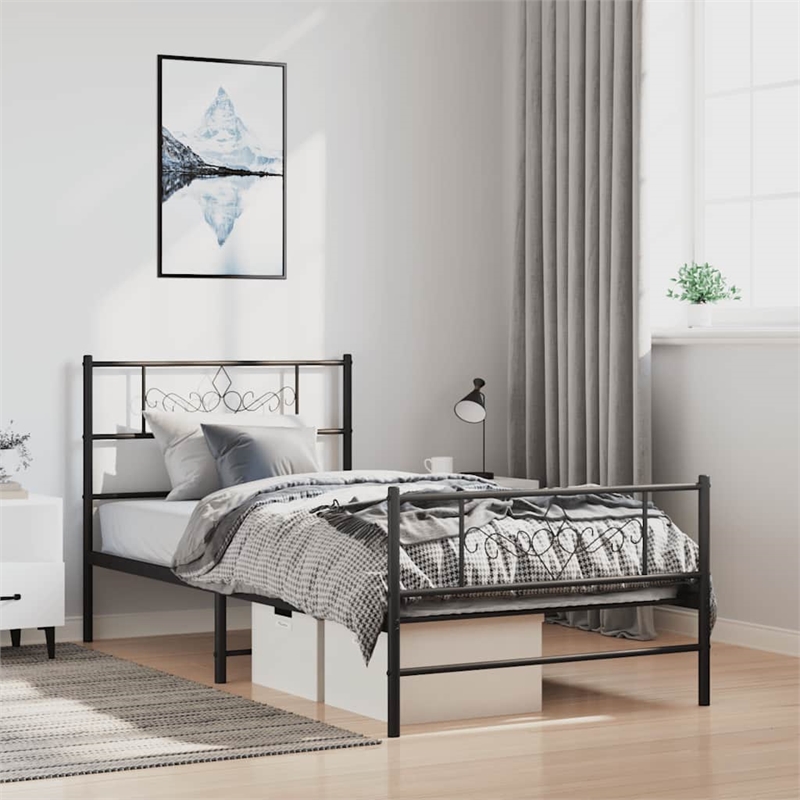 vidaXL Powder-Coated Steel Single Bed Frame in Black