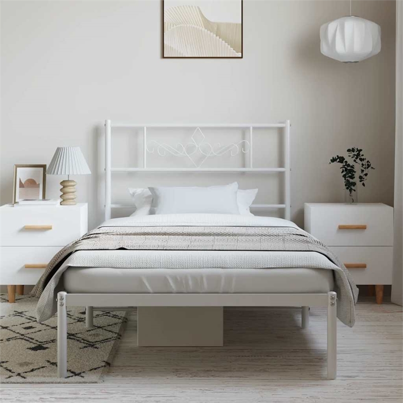vidaXL Powder-Coated Steel Single Metal Bed Frame in White