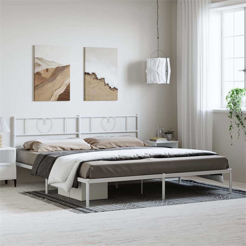 vidaXL Rectangular Powder-Coated Steel Full Bed Frame in White