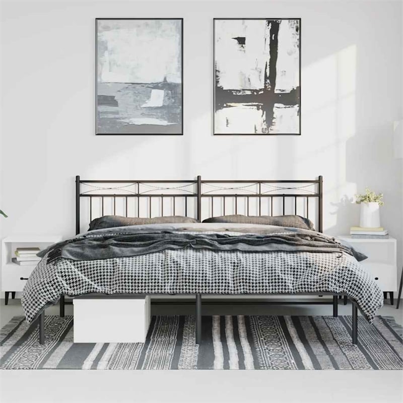 vidaXL Powder-Coated Steel Cal King/Double Bed Frame in Black