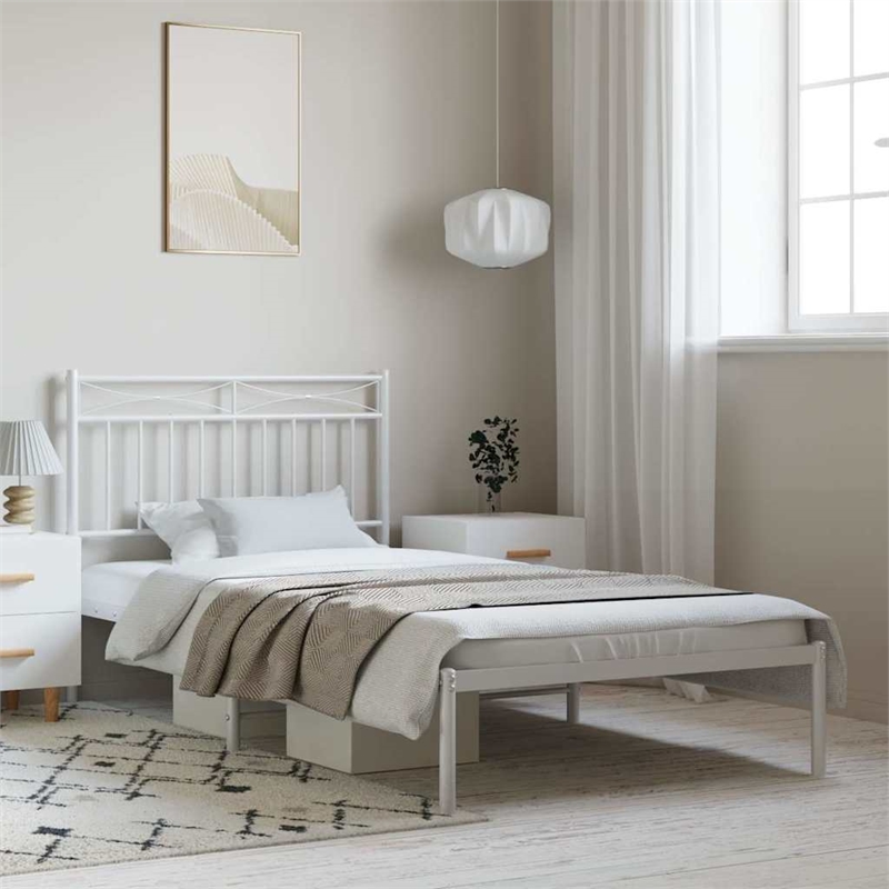vidaXL Rectangular Twin Powder-Coated Steel Bed Frame in White