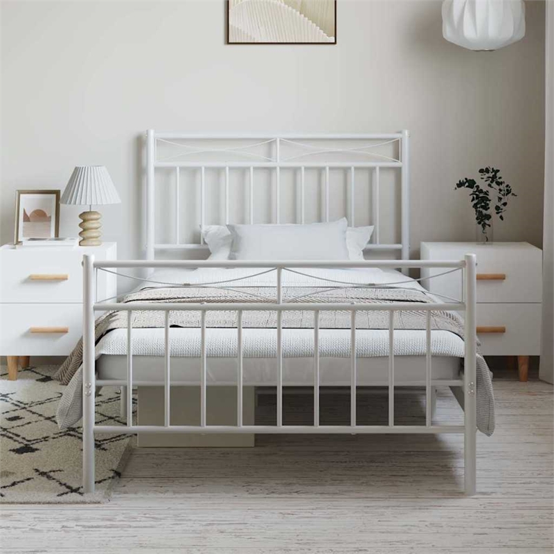 vidaXL Rectangular Twin Powder-Coated Steel Bed Frame in White