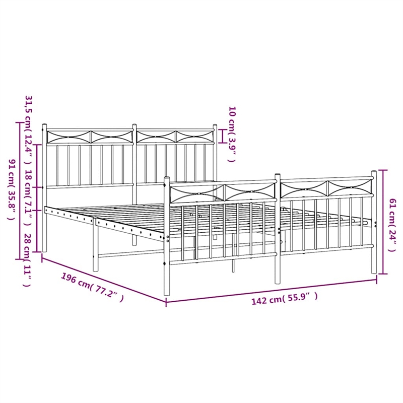 vidaXL Rectangular Powder-Coated Steel Full Bed Frame in White