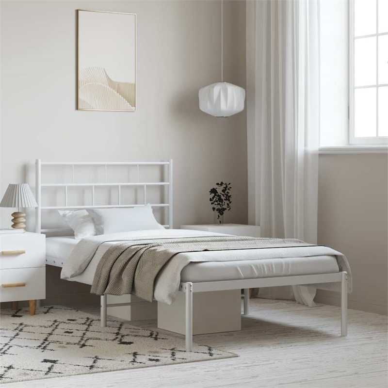 vidaXL Rectangular Powder-Coated Steel Twin Bed Frame in White