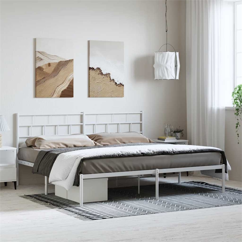 vidaXL Rectangular Powder-Coated Steel Full Bed Frame in White