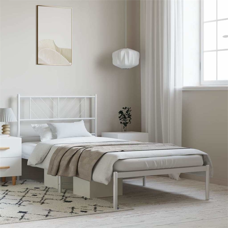 vidaXL Rectangular Steel Single Metal Bed Frame in White