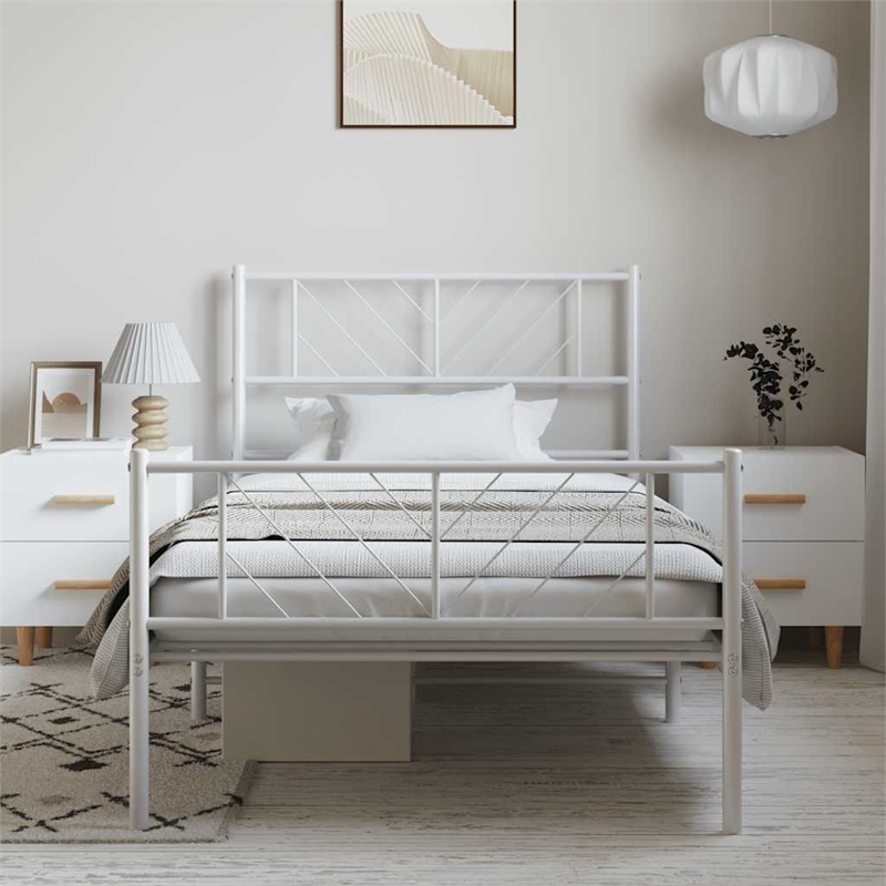 vidaXL Powder-Coated Steel Single Metal Bed Frame in White
