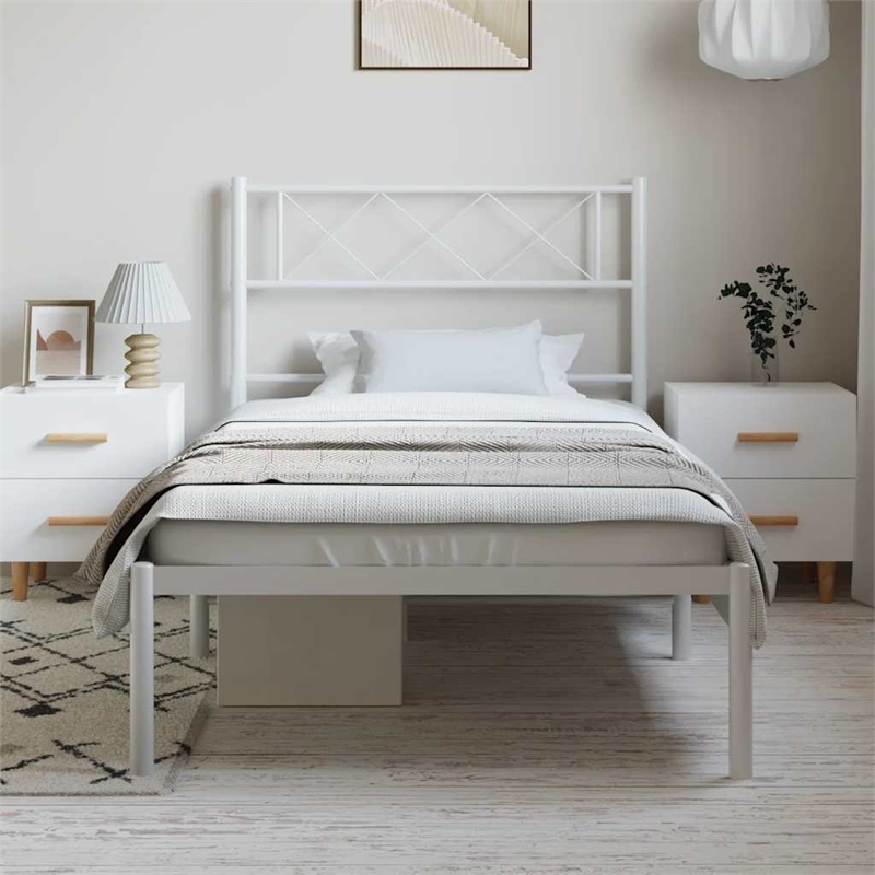 vidaXL Powder-Coated Steel Single Metal Bed Frame in White