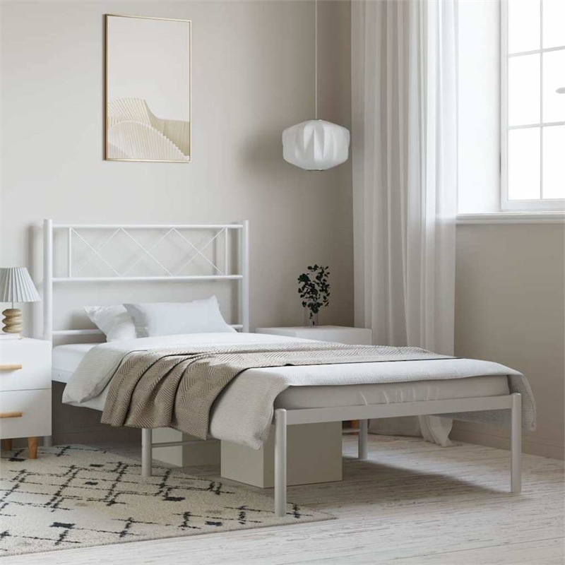 vidaXL Rectangular Powder-Coated Steel Twin Bed Frame in White