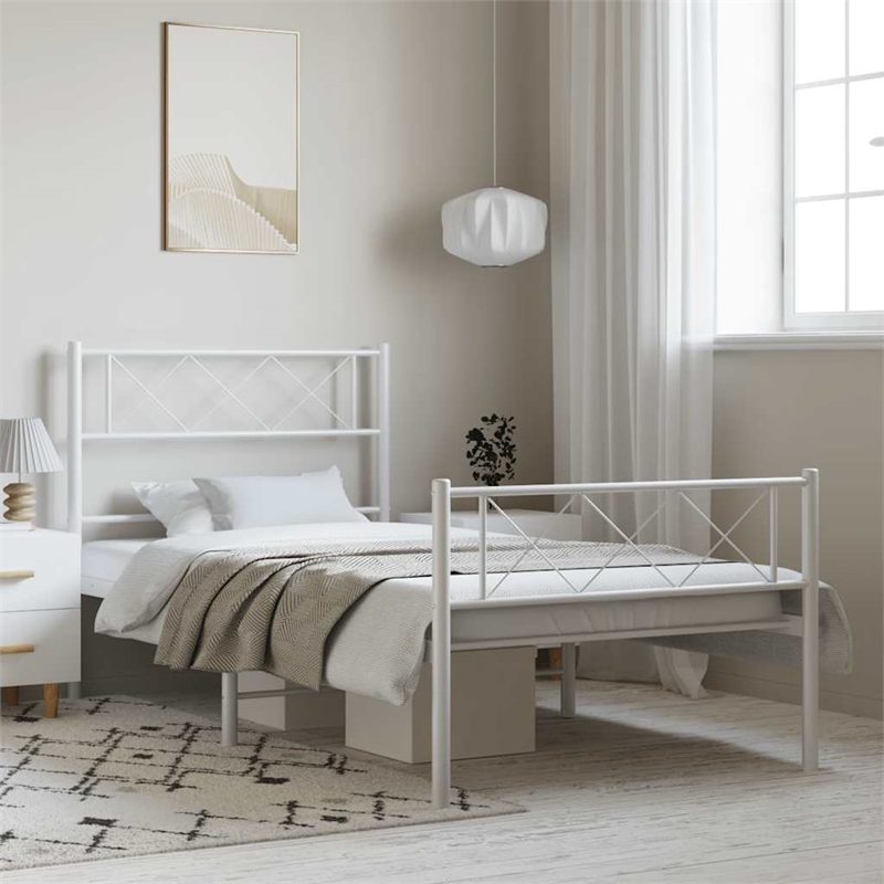 vidaXL Rectangular Powder-Coated Steel Twin Bed Frame in White
