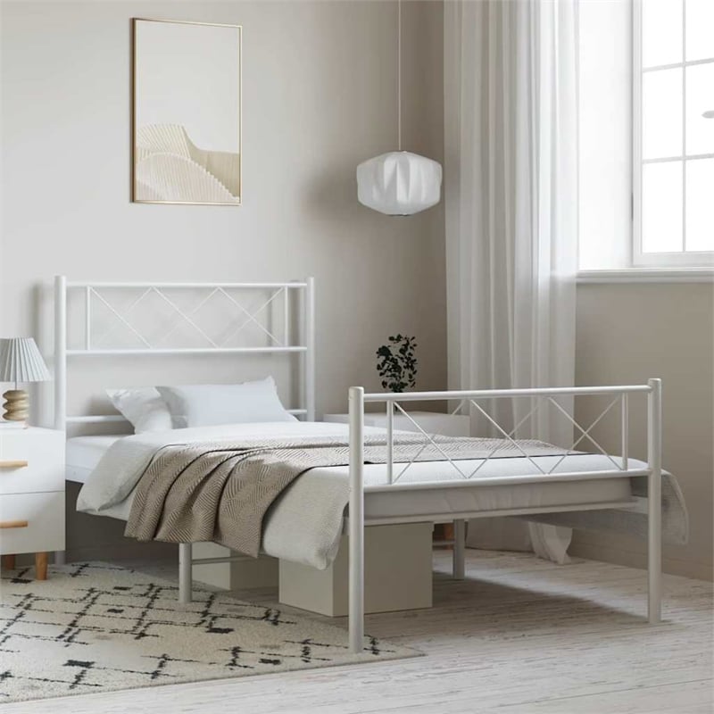 vidaXL Rectangular Powder-Coated Steel Twin Bed Frame in White