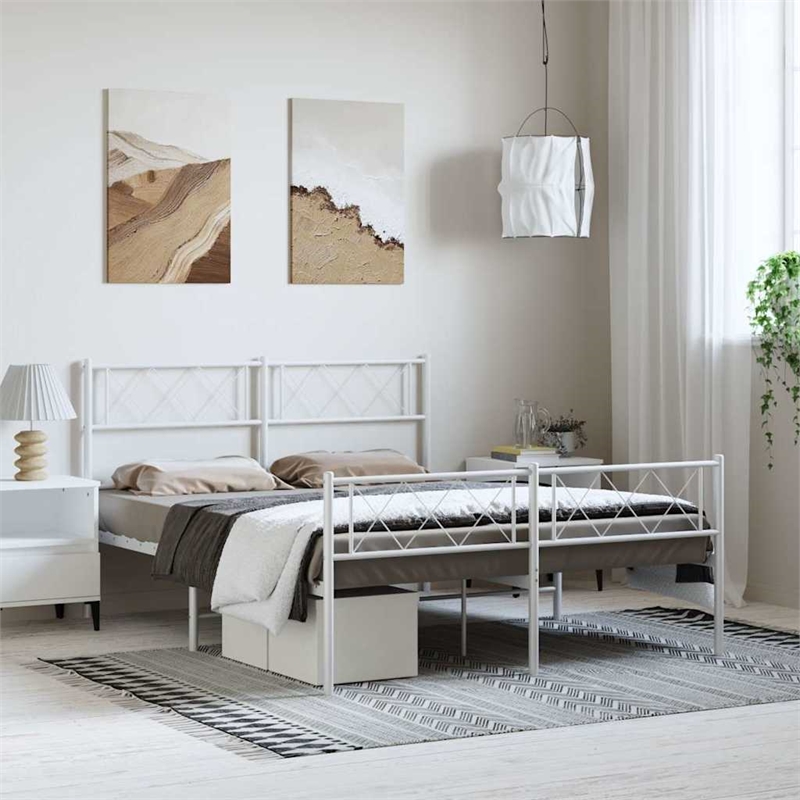 vidaXL Rectangular Powder-Coated Steel Full Bed Frame in White