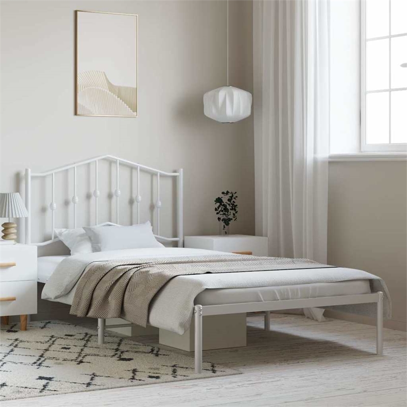 vidaXL Rectangular Powder-Coated Steel Twin Bed Frame in White