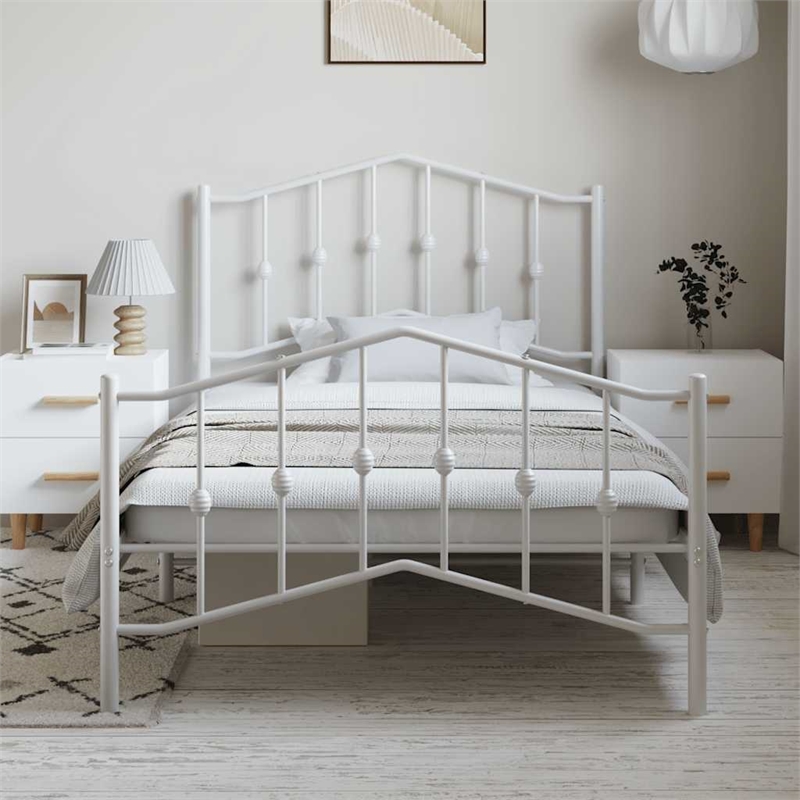 vidaXL Rectangular Powder-Coated Steel Twin Bed Frame in White