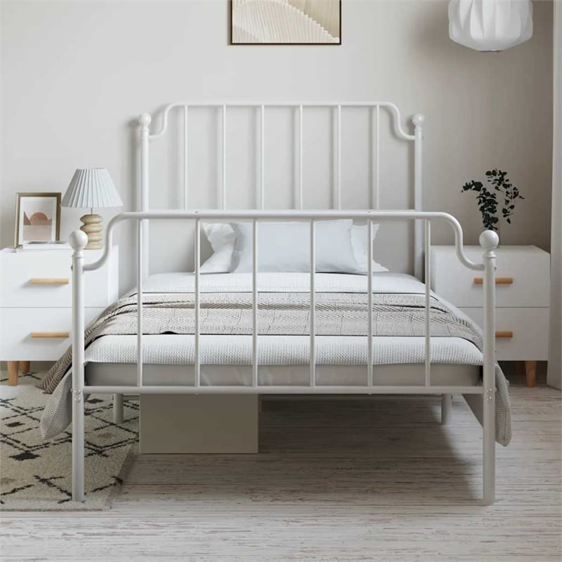 vidaXL Rectangular Powder-Coated Steel Twin Bed Frame in White