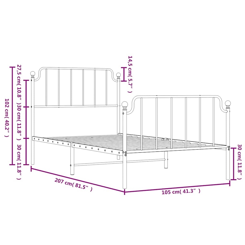 vidaXL Rectangular Powder-Coated Steel Twin Bed Frame in White