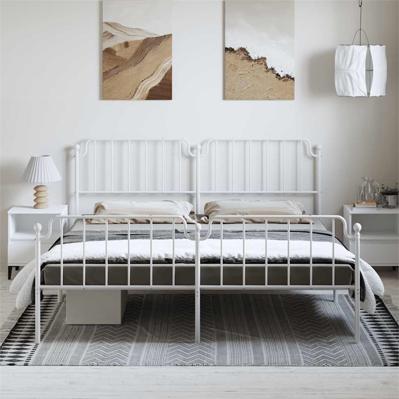 vidaXL Rectangular Powder-Coated Steel Full Bed Frame in White