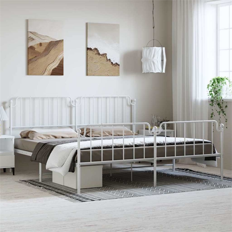 vidaXL Rectangular Powder-Coated Steel Full Bed Frame in White