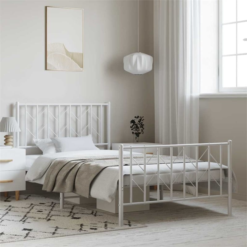 vidaXL Rectangular Durable Steel Single Bed Frame in White