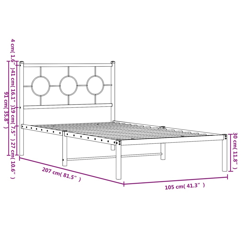 vidaXL 39.4 x 78.7 Powder-Coated Steel Bed Frame in Black