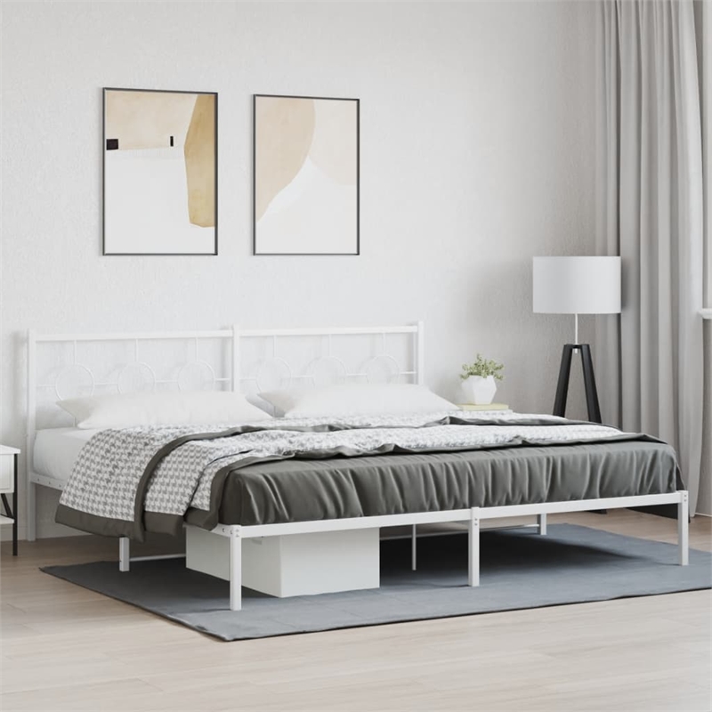 vidaXL Rectangular Powder-Coated Steel Full Bed Frame in White